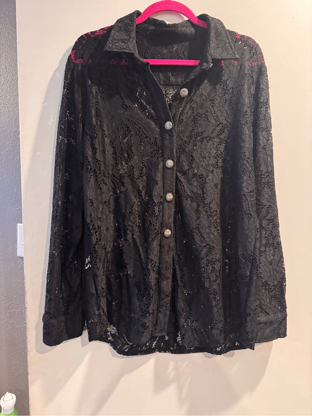 Black Lace Button-Front Women's Top